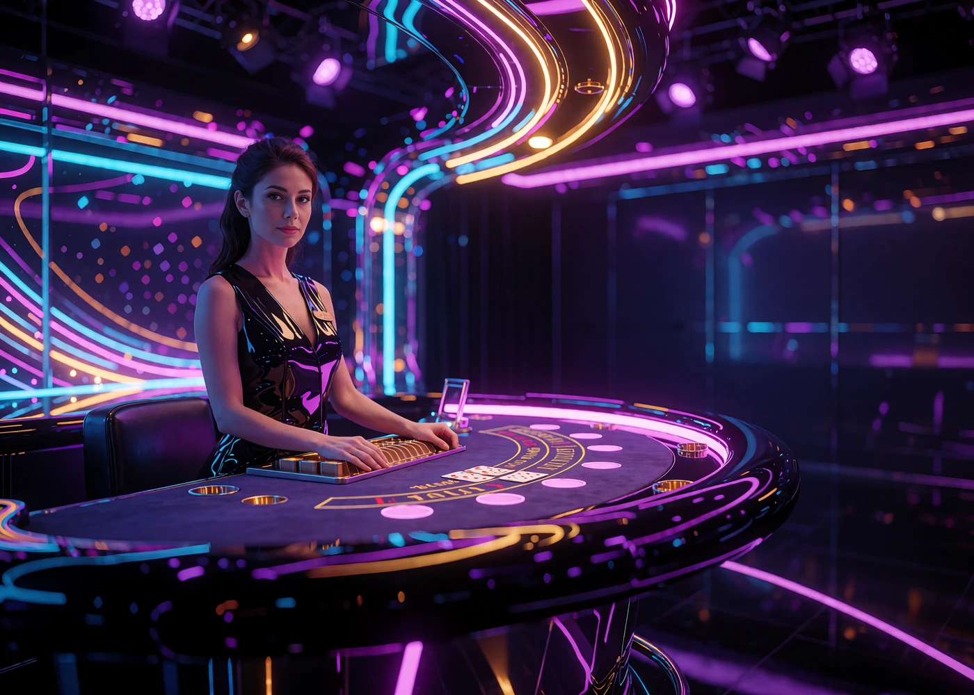 Krupierka przy stole do blackjacka w neonowym studiu kasyna na żywo OnlySpins Casino