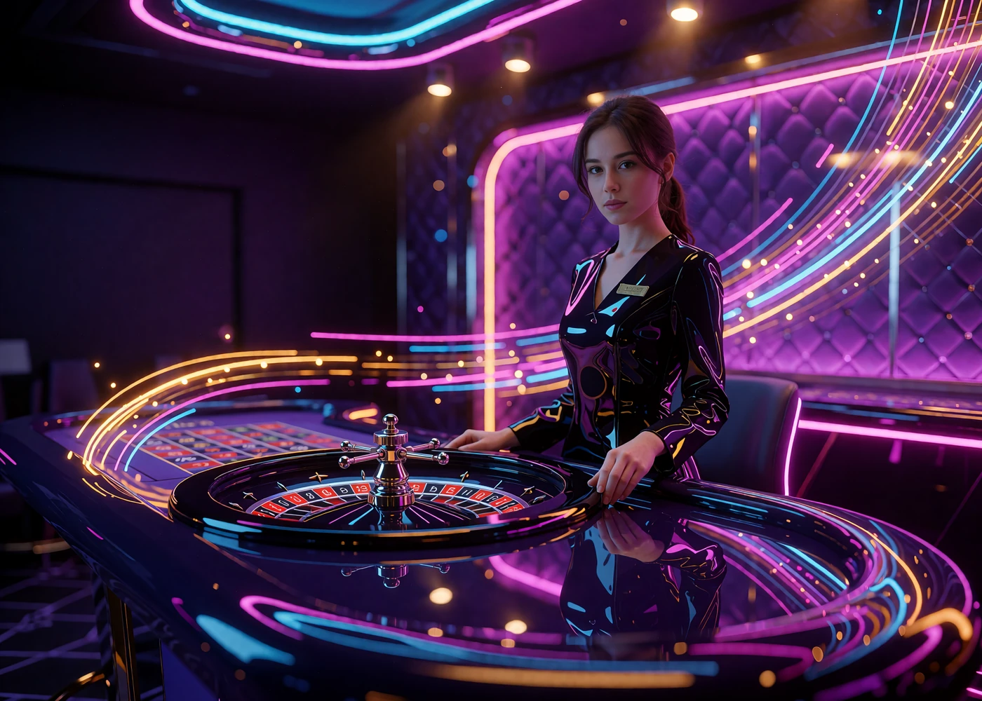 Krupierka przy stole ruletki w neonowym studiu kasyna na żywo OnlySpins Casino